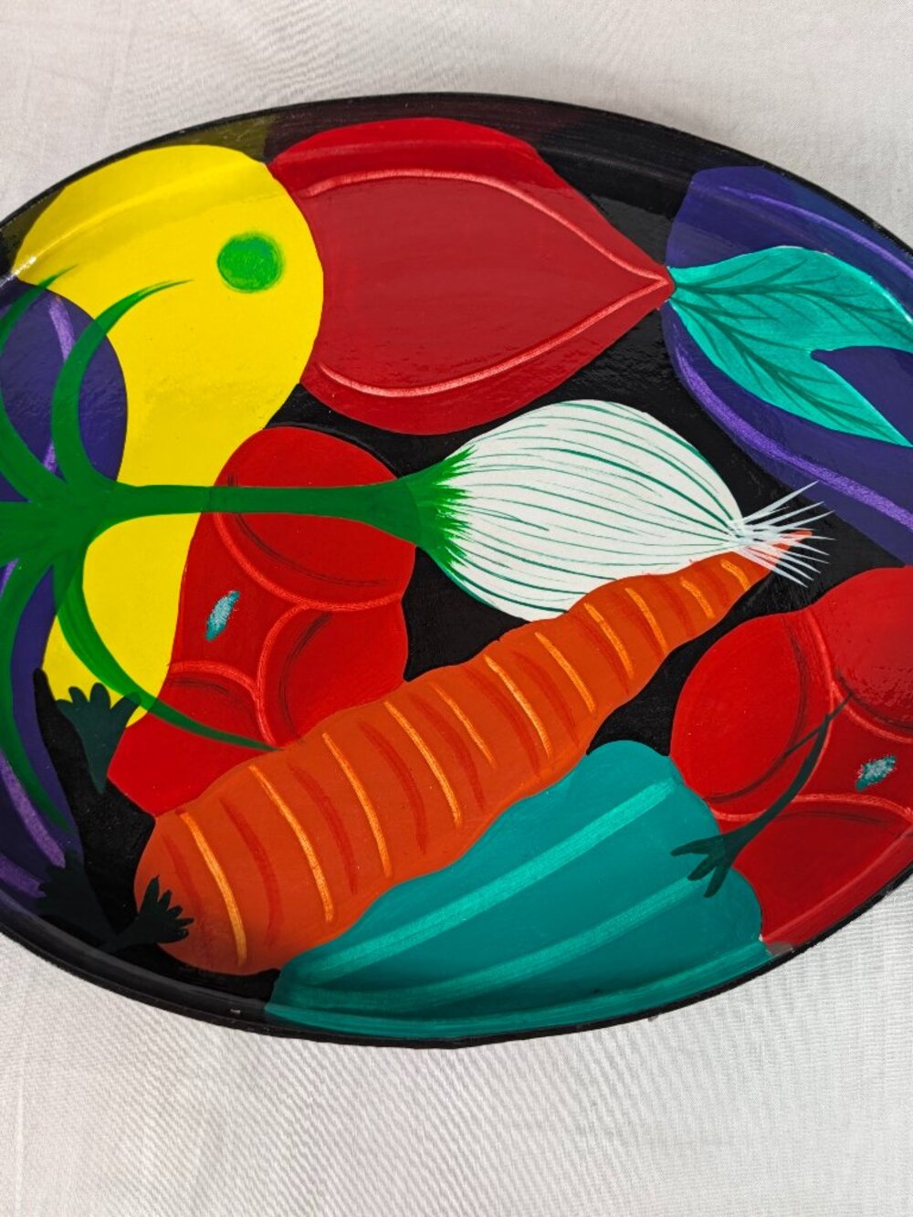 Vintage Hand Painted Vegetable Platter Oval Black Wood Paper Mache Carrot Squash